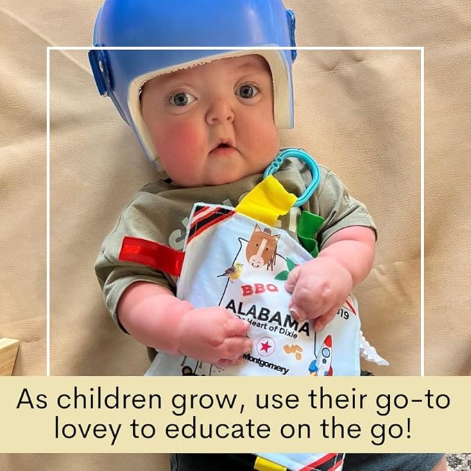 Baby Jack & Co 8x8” Learning Lovey Alabama State Tag Stroller Toy for Babies - Crinkle Toys for Developing Five Senses - Learn About Capitals - Travel with Baby Jack - BPA Free Clip