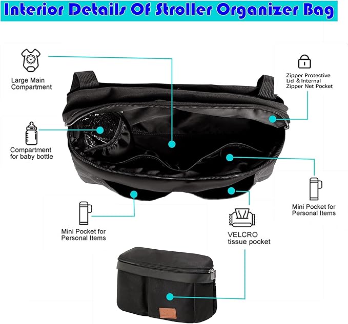 Miracle Baby Stroller Organizer Bag for Mom,Universal Stroller Storage Caddy Diaper Bag- Compatible with Most Stroller - Multifunctional Larg(Black)