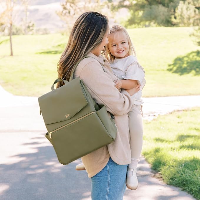 Freshly Picked Classic II Diaper Bag Backpack, Wipeable Vegan Leather With Changing Pad (Sage Green V2)