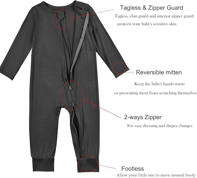 Aablexema Baby Footless Pajamas Rayon 3pcs Unisex Infant Zipper Romper with Mitten Cuffs Sleep Play PJs