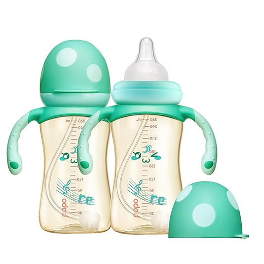 YOHKOH Natural PPSU Baby Bottle with Natural Response Nipple, Newborn Anti-Colic Baby Bottles with Handle, Wide Neck Mushroom Cap Baby Bottle (8.8oz (Pack of 2), Blue1)
