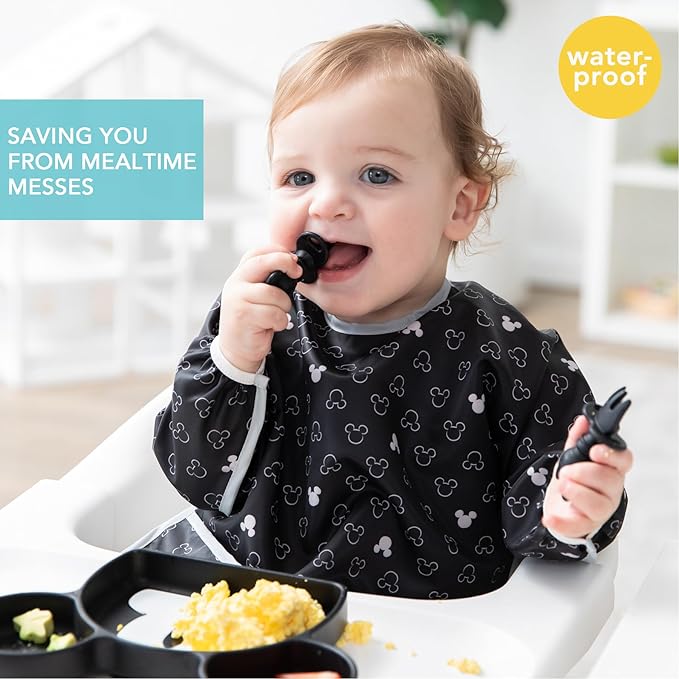 Bumkins Disney Bibs, Baby and Toddler Girls and Boys 6-24 Months, Long Sleeve, Essential Must Have for Eating, Feeding, Mess Saving Lightweight Waterproof Fabric Sleeved Smock, Mickey Mouse Icon