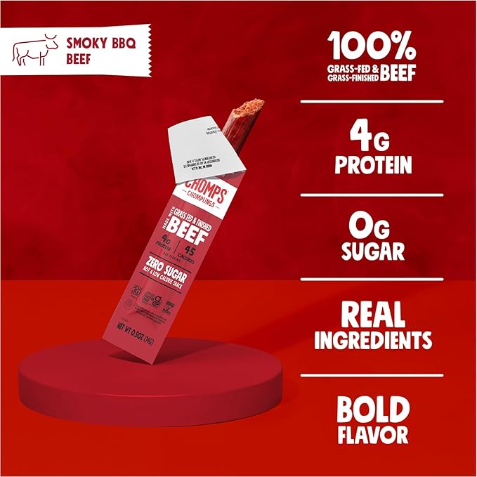 Chomps Snack Size Grass-Fed and Finished Smoky BBQ Beef Jerky Snack Sticks 0.5oz 24-Pack - Keto, Paleo, Whole30, 4g Lean Meat Protein, Gluten-Free, Zero Sugar Food, Non-GMO Chomplings