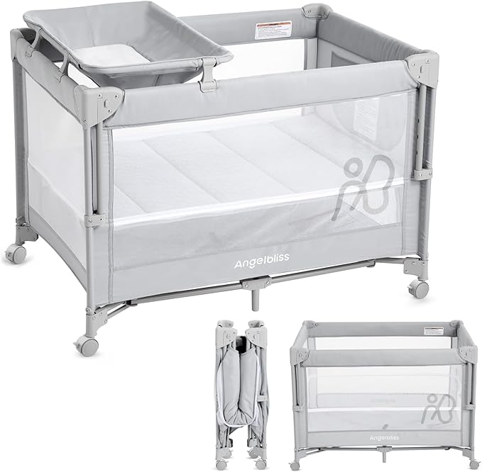 ANGELBLISS Baby Bassinet Bedside Crib, Pack and Play with Mattress, Diaper Changer, One-Push Setup Playards from Infants to Toddlers (Grey)
