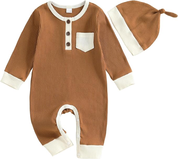 fhutpw Newborn Baby Boy Clothes Ribbed Knit Bodysuit 3 6 Months Infant Fall Long Sleeve Splicing Color Romper Jumpsuit & Hat