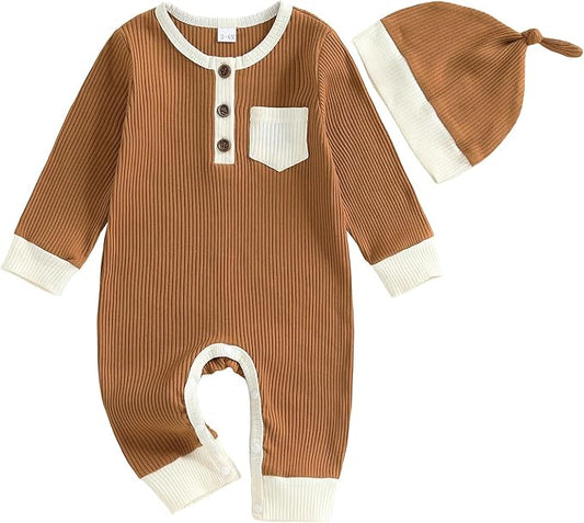 fhutpw Newborn Baby Boy Clothes Ribbed Knit Bodysuit 3 6 Months Infant Fall Long Sleeve Splicing Color Romper Jumpsuit & Hat