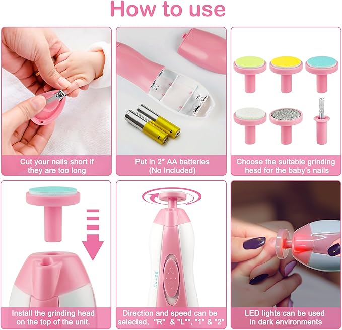 OTTOLIVES Baby Nail Trimmer Electric Newborn Toddler, Safe Baby Nail Clippers Set with Light and 6 Replacement Heads, Baby Nail File Trim Polish Toes Fingernails Care Infant Essentials (Pink)