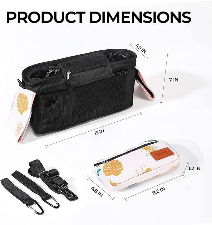 Universal Stroller Organizer with Insulated Cup Holder & Detachable Wristlet Large Capacity Baby Stroller Bag Organizer for Mom, Baby Jogger, Uppababy, Britax, BOB, Umbrella & Pet Strollers (Garden)