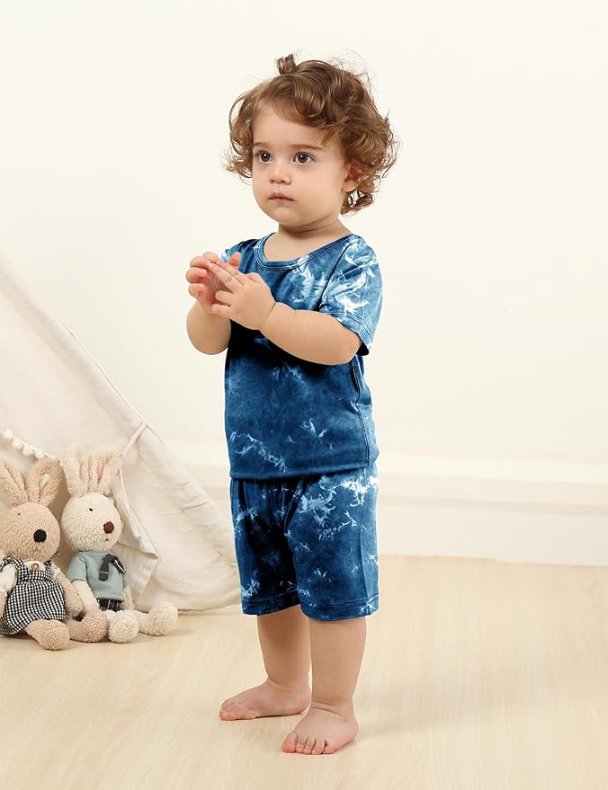 Jimonda Kids Soft Rayon From Bamboo Sleepwear Short Sleeve Boys Girls Pajama Outdoor 4-Piece tops&shorts Casual sets Tie PJ