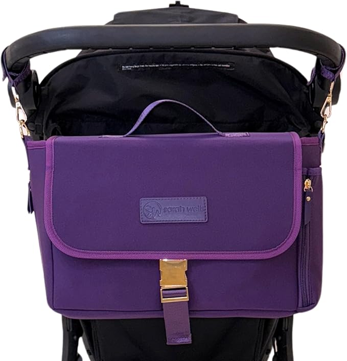 Sarah Wells Stroller Caddy & Pump Bag – Insulated Neoprene Diaper Organizer with Crossbody Strap, Machine Washable, Luggage Sleeve – Fits Single & Double Strollers (Purple)
