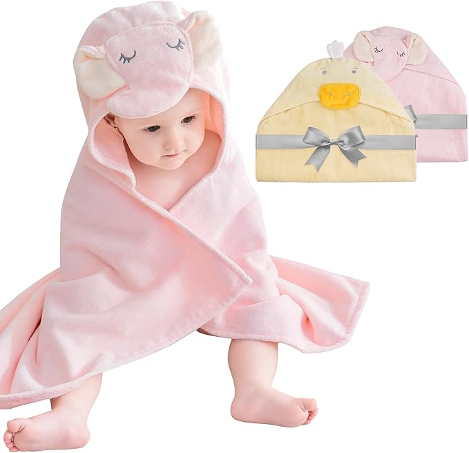 Mooreeke 2 Pack Baby Towels - 100% Cotton Baby Hooded Towels - Soft Baby Bath Towels with Hood for Newborn - Comfort Towels for Baby Girls and Boys - Animal Shaped Design (Duck & Elephant)