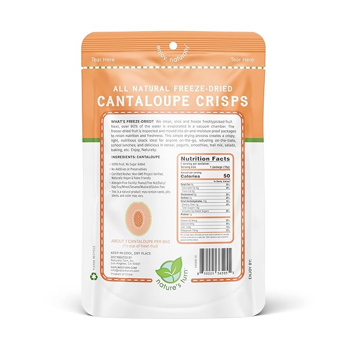 Nature’s Turn Freeze-Dried Cantaloupe Crisps – Healthy, Gluten-Free, Crispy & Delicious, Plant-Based Snack, Ideal for Cereal, Smoothies, School Lunches, & On-the-Go, Pack of 6 (0.53 oz Each)