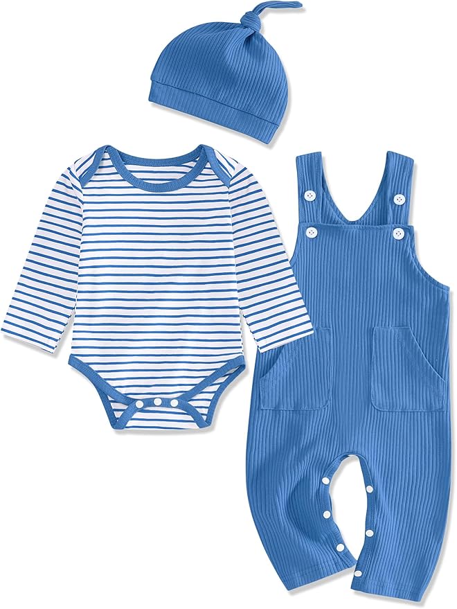 oklady Baby Boy Clothes Stripe Pattern Print Romper Top and Baby Overalls with Hat 0-18 Months Baby Boy Outfits