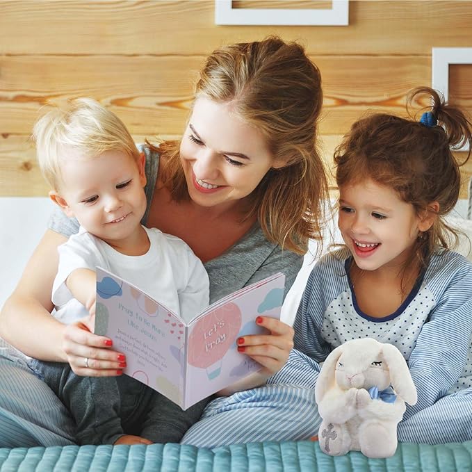 Baptism Gifts for Baby Boys Includes 7'' Plush Praying Musical Bunny and Let's Pray Book, Christening, Dedication and Baptism Gift Set for Boys in Keepsake Box