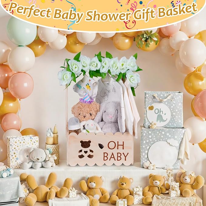 Wooden Baby Shower Crate Closet with Handle,Storage Basket,Baby Clothes Hangers, Newborn Boy Girl Welcome Gift Basket,Easy Assembly Baby Baskets for Baby Shower