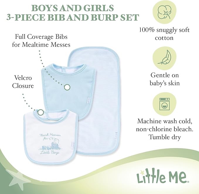 Little Me Clothes for Baby Boys’ and Girls’ 2 Bibs and 1 Burp Cloth Set, Soft Cotton Feeding Essentials with Velcro Closures