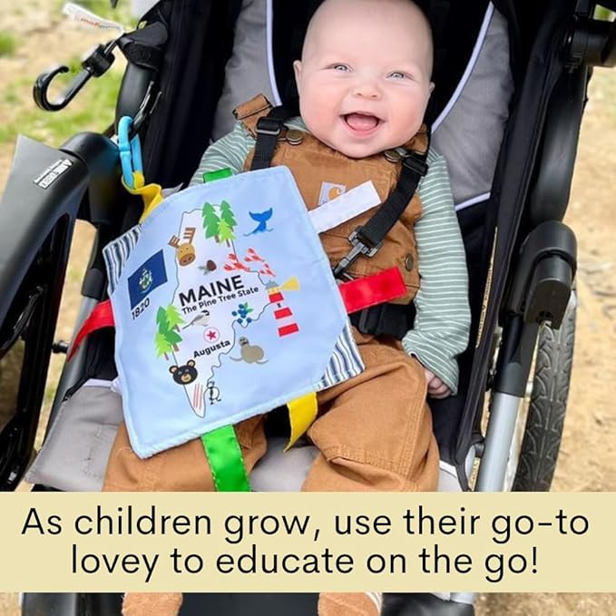 Baby Jack & Co 8x8” Learning Lovey Georgia State Tag Stroller Toy for Babies - Crinkle Toys for Developing Five Senses - Learn About Capitals - Travel with Baby Jack - BPA Free Clip