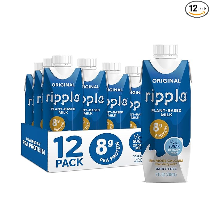 Ripple Original Plant Based Milk | 8g of Quality Sourced Pea Protein, Calcium Rich | Shelf Stable | Vegan & Non GMO Certified | Dairy, Soy, Nut, Gluten, & Lactose Free | 8 Fl Oz Cartons (Pack of 12)