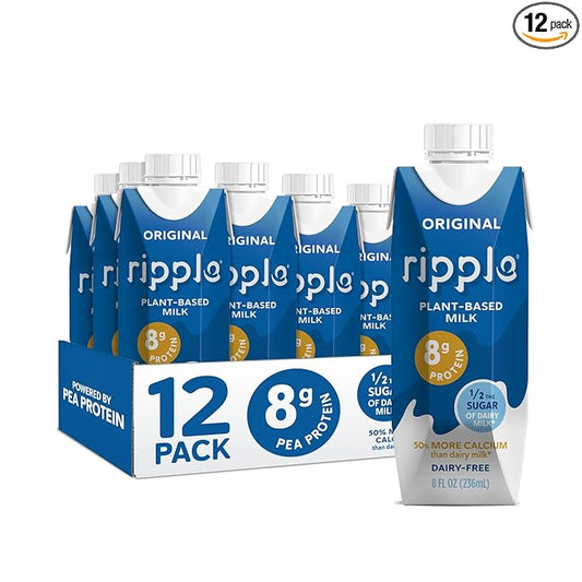 Ripple Original Plant Based Milk | 8g of Quality Sourced Pea Protein, Calcium Rich | Shelf Stable | Vegan & Non GMO Certified | Dairy, Soy, Nut, Gluten, & Lactose Free | 8 Fl Oz Cartons (Pack of 12)