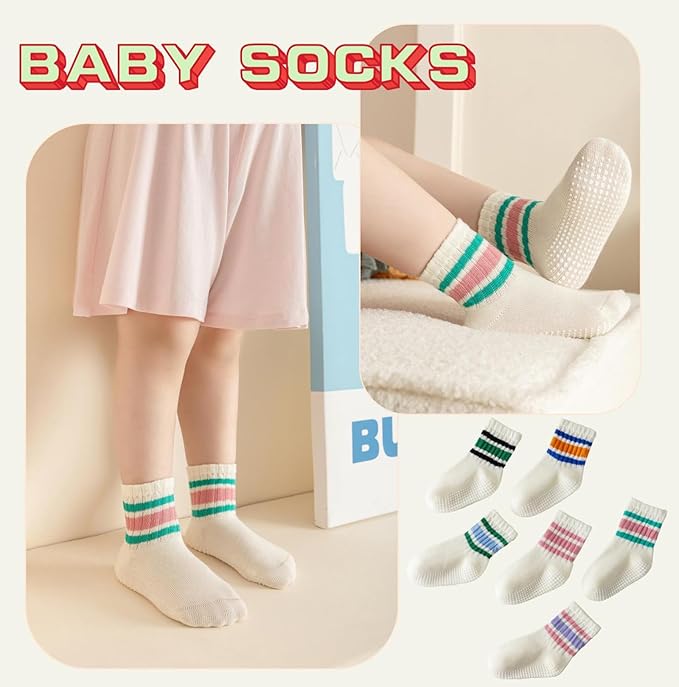 Toddler Grip Socks with Non-Slip, Unisex Baby Retro Stripe Seamless Crew Ankle Cotton Socks for Girls Boys 6 Pairs