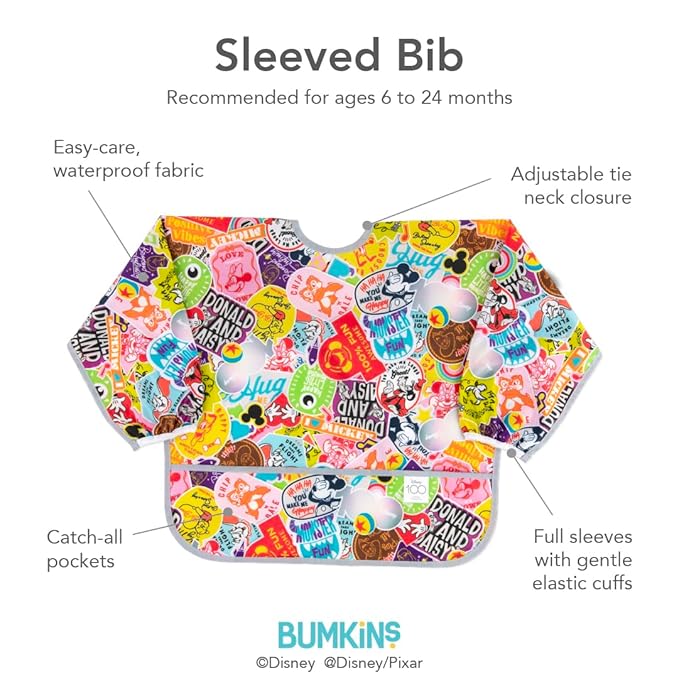 Bumkins Disney Sleeved Bib for Girl or Boy, Baby and Toddler for 6-24 Mos, Essential Must Have for Eating, Feeding, Baby Led Weaning Supplies, Long Sleeve Mess Saving, 100 Years of Fun