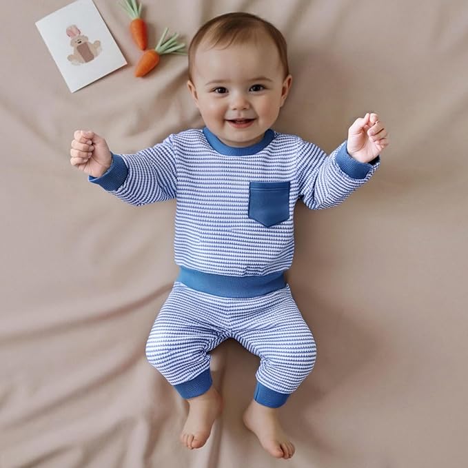 Baby Boy Toddler Fall Outfit Striped Sweatshirt Toddler Boy Winter Waffle Clothes 3 6 12 18 Months 2 3 T Pant Set