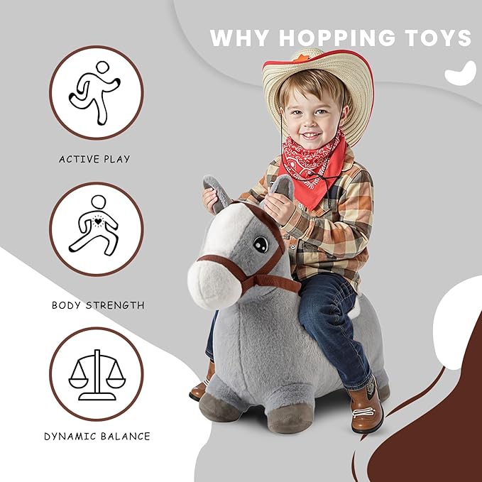 Hopper Toy 2 Year Old Boy, Toddler Plush Bounce Animals, Ride on Bouncing Plush Inflatable Horse, Outdoor Indoor Hopping Horse Bouncer, Birthday Gifts for 18m -5 Years Old Kid (Gray)