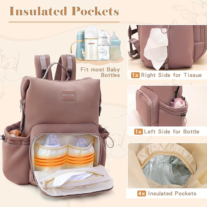 miss fong Diaper Bag Backpack - Baby Diaper Bag Neoprene Bag Large Capacity Neoprene Backpack with Diaper Changing Pad with 12 Pockets for Mom & Dad -Mauve