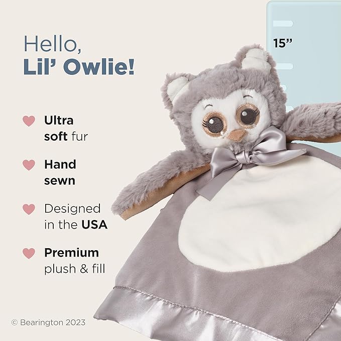 Bearington Collection Owl Plush Stuffed Animal Security Blanket Lovey - 15 in Gray Satin Trim Owl Lovey Blanket - Soft Baby Blankie & Toy for Newborns & Infants