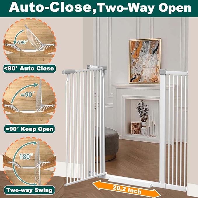 Fairy Baby 40.5" Extra Tall Baby Gate for Stairs Doorways, Fits 29.5" to 40.5" Wide Openings, Auto Close Extra Wide Dog Gate Indoor for The House, Metal Pressure Mounted Pet Cat Gate for Kids, White