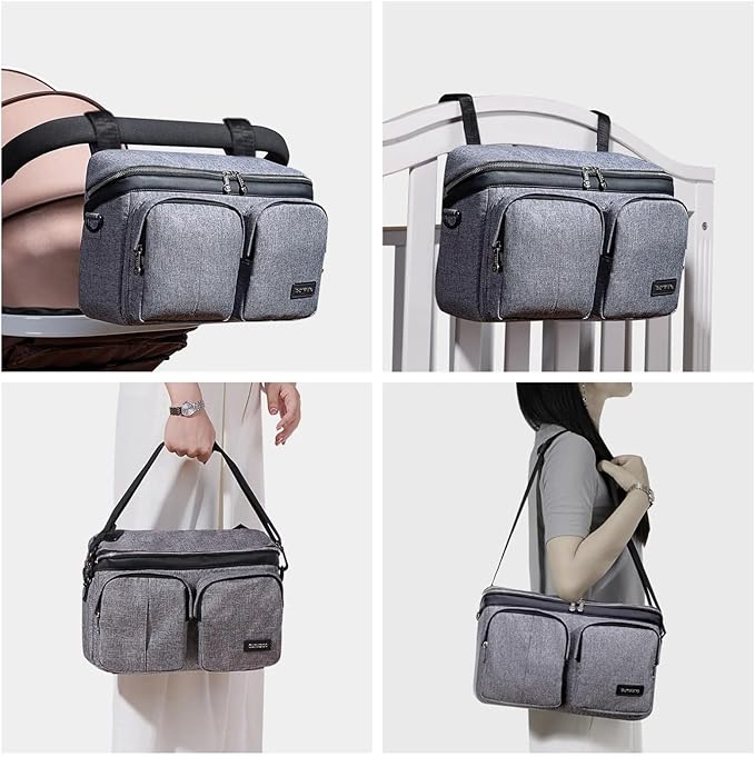 SUNVENO Universal Stroller Organizer Caddy, 2 Cup Holders, Multiple Pockets & Shoulder Strap — Fits Most Strollers