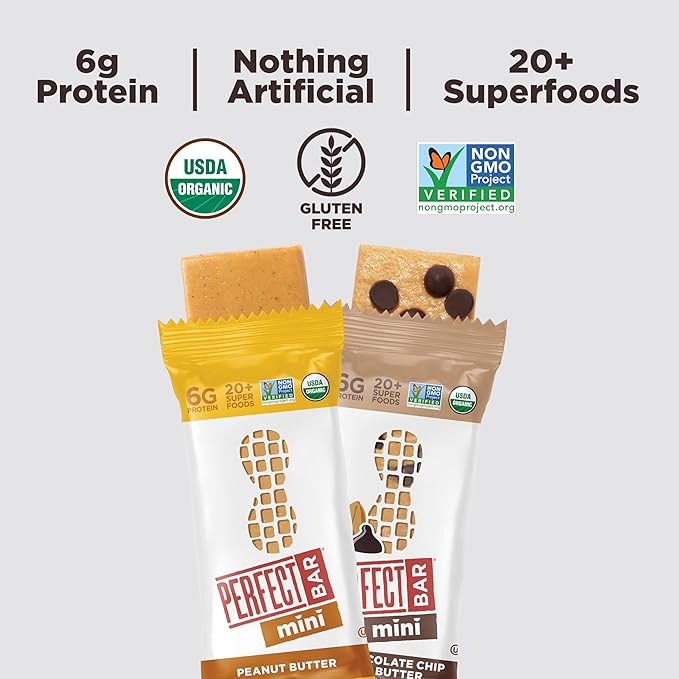 Perfect Bar Mini, Peanut Butter and Dark Chocolate Chip Peanut Butter Variety Pack, Protein Snack, Snack Bar, Organic, Gluten Free, Soy Free, Non GMO, No Sugar Alcohols, 18 count, .88 oz
