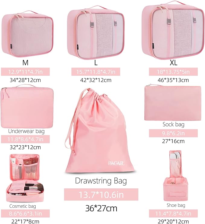 BAGAIL 8 Set Packing Cubes Luggage Packing Organizers for Travel Accessories (Blush Pink)