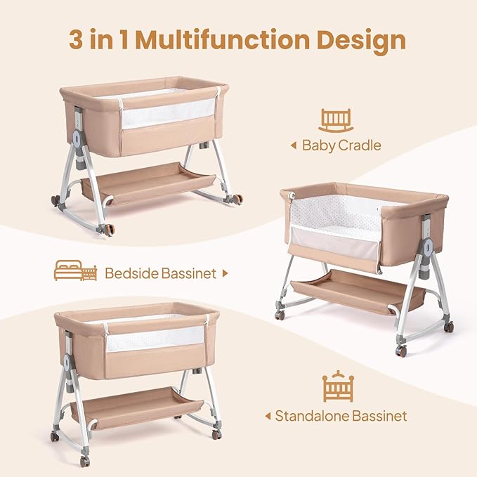 JOYMOR 3 in 1 Baby Bassinet, Bedside Bassinet for Baby, with Comfy Mattress and Wheels, 6 Height Adjustable Easy Folding Portable Bedside Crib for Newborn (Beige)