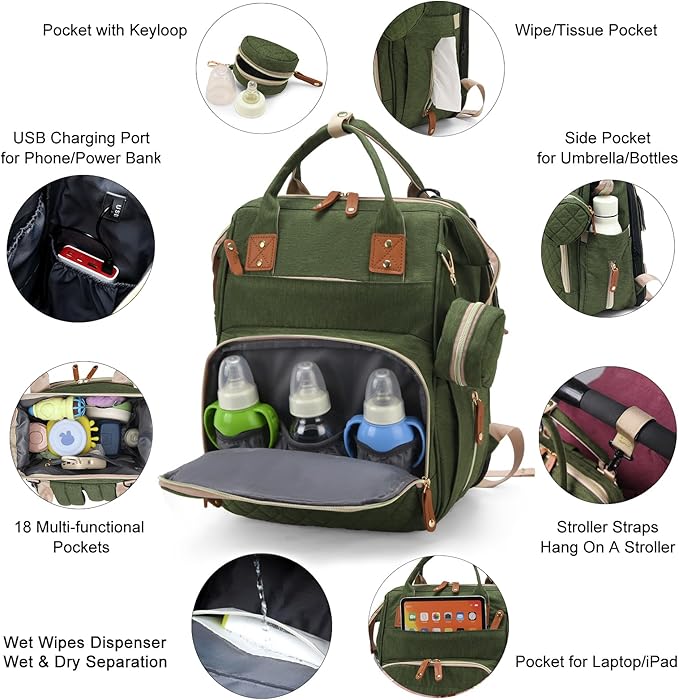 Diaper Bag with Changing Station, Waterproof 3 in 1 Baby Diaper Backpack with Foldable Changing Pad, Large Travel Back Pack for Girl Boy, Green