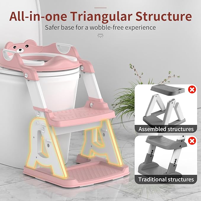 Potty Training Seat, Upgrade 2 in 1 Potty Training Toilet for Toddler, Toddler Toilet Seat for Boys Girls with Support Bar, Anti-Slip Pad and Step Stool (Pink)