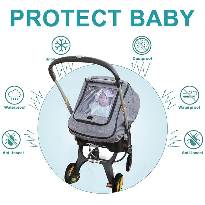 Car Seat Rain Cover,Universal Baby Stroller Accessory for Infant Car Seat Stroller,Waterproof, Windproof Protection,Protect from Dust Snow(Grey)