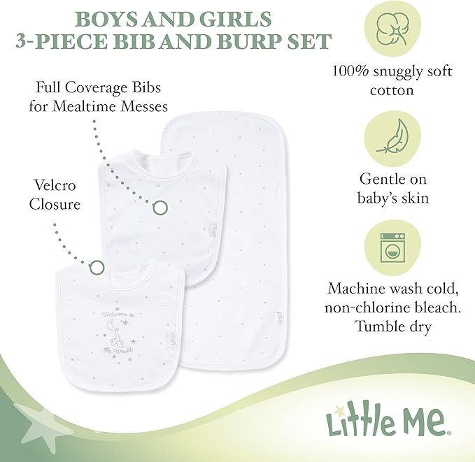 Little Me Clothes for Baby Boys’ and Girls’ 2 Bibs and 1 Burp Cloth Set, Soft Cotton Feeding Essentials with Velcro Closures