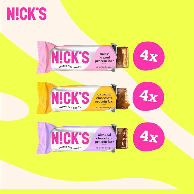 Nick's Protein Bars Chocolate Variety Pack High Protein, Low Calories, Low Carb Keto Friendly Snacks No Added Sugar, Salty Peanut, Chocolate Caramel and Almond Chocolate (12 Pack)