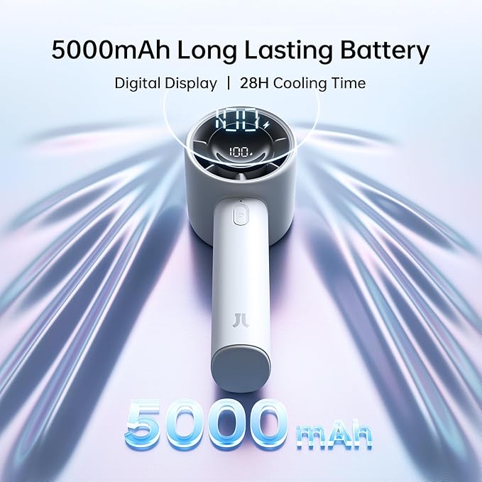 JISULIFE Handheld Turbo Fan, 5000mAh Rechargeable Portable Fans,Up to 28 Hours Working,5 Speed Strong Wind,Personal Mini Fan for Travel Outdoor Camping Beach Makeup（Gray）