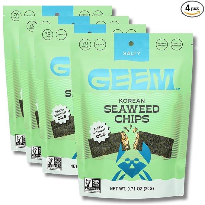 GEEM Seaweed Snacks – Korean Seaweed Chips with Rice Crisps & Sesame | Crunchy, Oil-Free Snack | Vegan, Non-GMO | Great for Kids & Adults | Salty 4-Pack