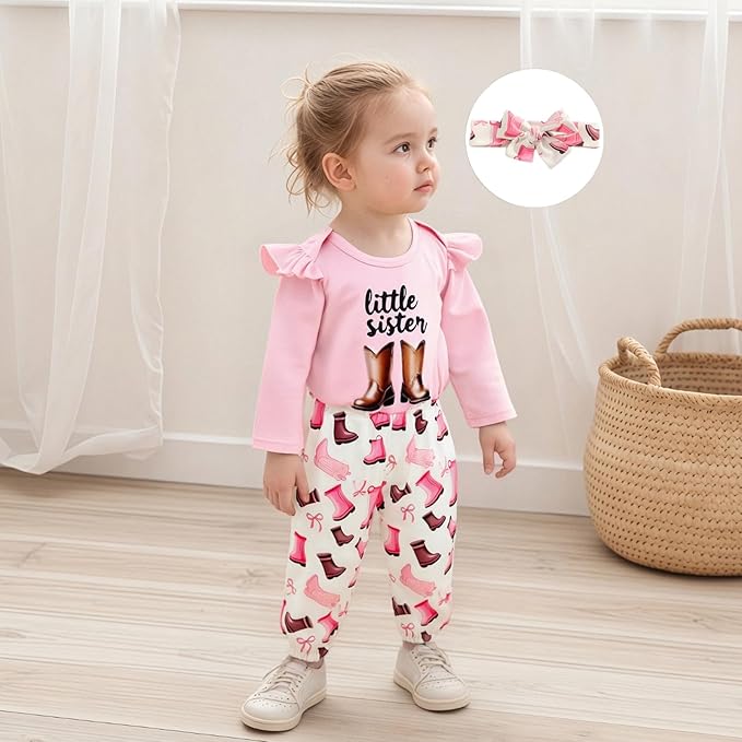 Fernvia Western Newborn Baby Girl Clothes Long Sleeve Letter Print Romper Animal Print Pants Headband 3Pcs Outfits Sets