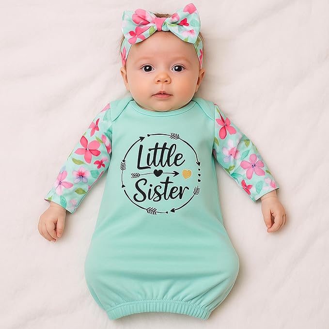 Baby Gown 0-6 Months Newborn, Super Soft Breathable Baby Nightgowns, Little Sister Nightgowns Coming Home Infant Gown with Headband Set Mint Green