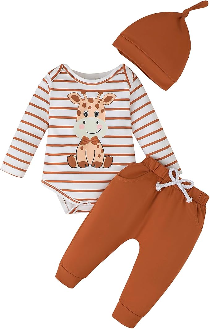 SUNNY PIGGY Baby Boy Clothes Newborn Infant Boys Outfits Romper Hat Pants 3PC Set 0-3 3-6 6-12 12-18 Month Clothing Gift