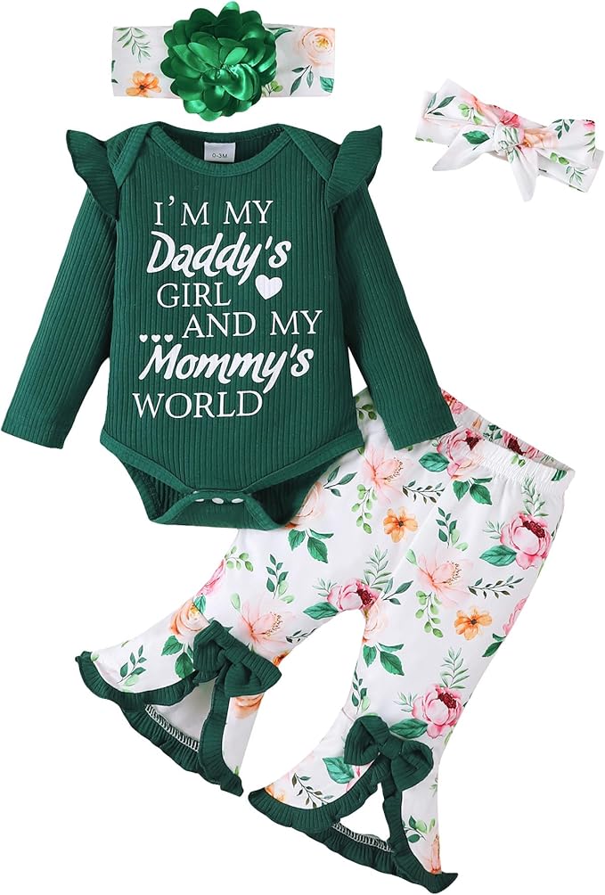 SUNNY PIGGY Newborn Baby Girl Clothes Infant Outfits Romper Floral Fall Outfit Bell Bottoms Pant Sets Hat Headband Flowerpant