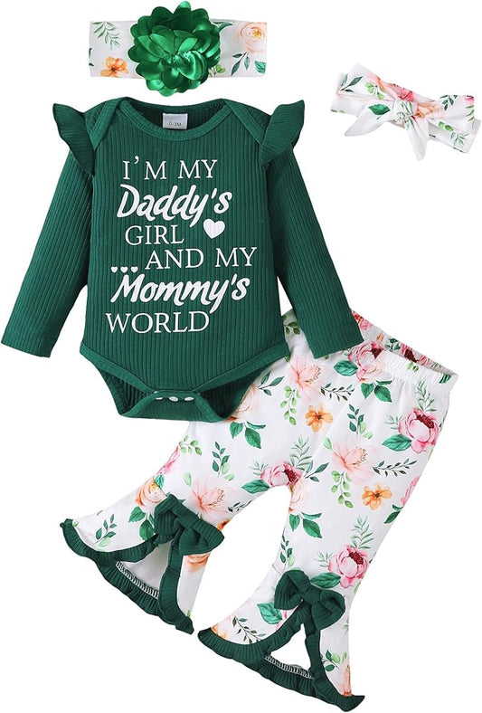 SUNNY PIGGY Newborn Baby Girl Clothes Infant Outfits Romper Floral Fall Outfit Bell Bottoms Pant Sets Hat Headband Flowerpant