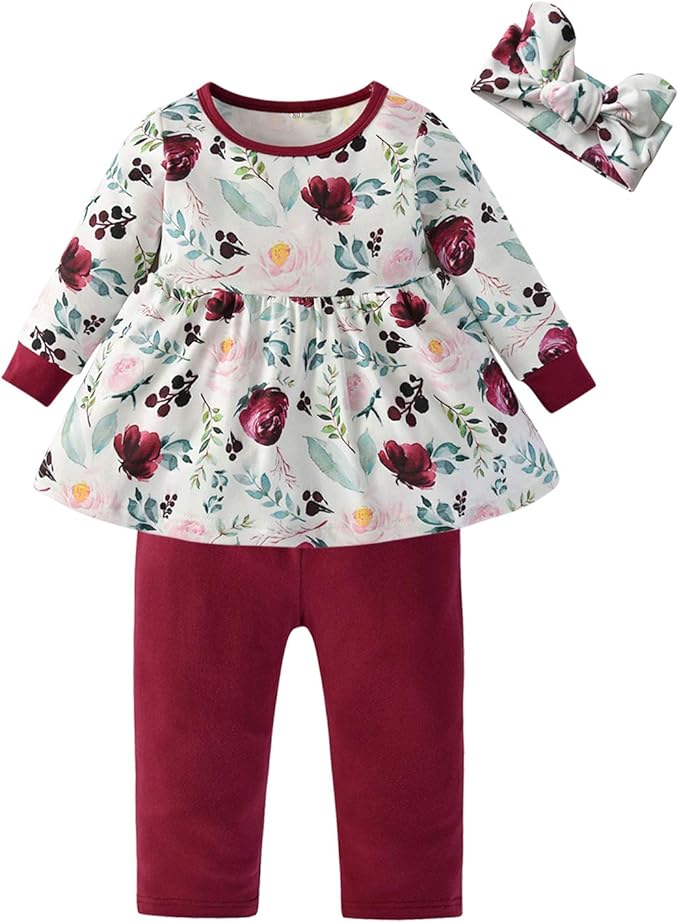 3PCS Baby Girl Clothes Ruffle Floral Shirt Tops Pants Headband Outfit Sets