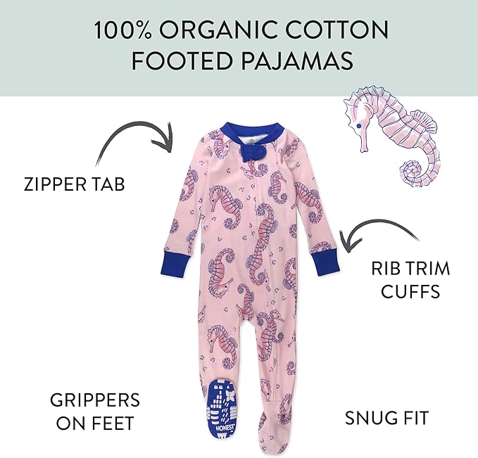 HonestBaby Non-Slip Footed Pajamas One-Piece Sleeper Zip-Front Pjs 100% Organic Cotton for Baby Girls