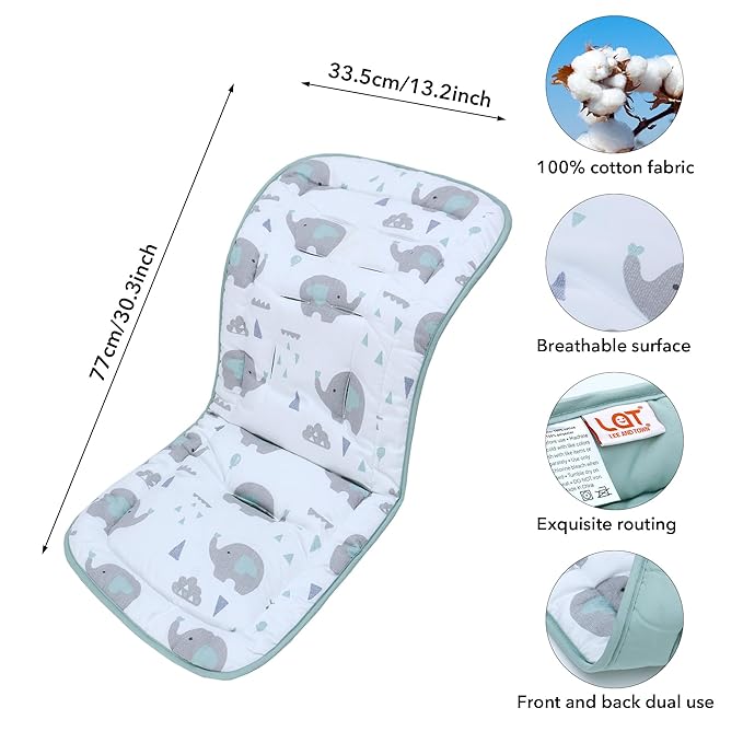 Baby Stroller Cushion,Infant Car Seat Insert-Reversible Universal Breathable and Soft Newborn Stroller Mat,100% Cotton Cover Toddler Seat Pad Liner-34x78cm,1 Pack(Elephant Green+White)