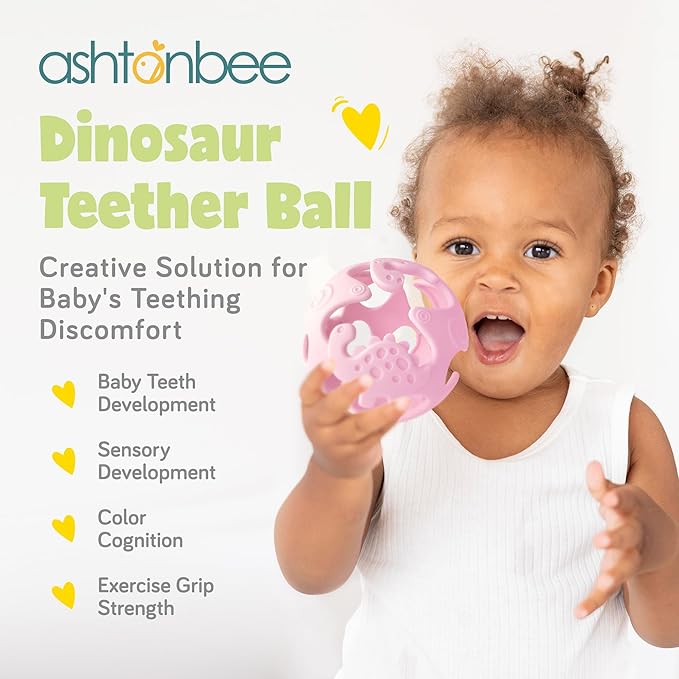 Dinosaur Baby Teething Toys, Textured Sensory Toys for Babies, Lightweight Soft Baby Sensory Toys, BPA-Free Silicone Infant Teething Toys, 0-18 Months, Teething Baby, Easy to Clean - Peach Pink